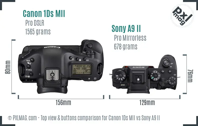 Canon 1Ds MII vs Sony A9 II top view buttons comparison