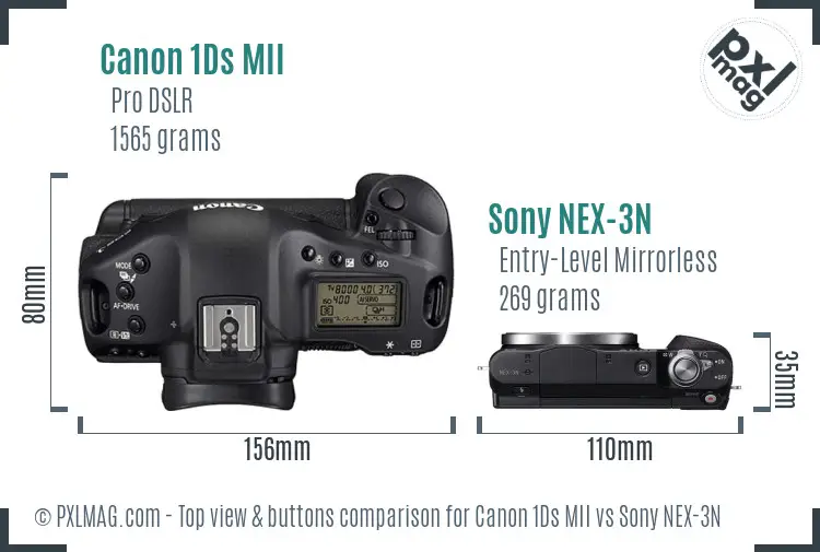 Canon 1Ds MII vs Sony NEX-3N top view buttons comparison Canon 1Ds MII vs Sony NEX-3N top view buttons comparison