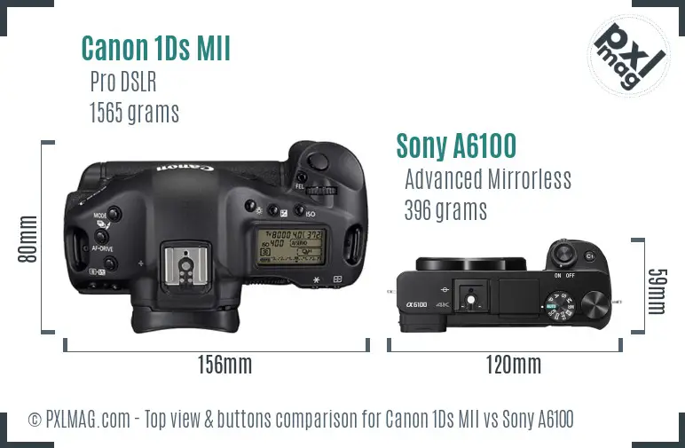 Canon 1Ds MII vs Sony A6100 top view buttons comparison Canon 1Ds MII vs Sony A6100 top view buttons comparison