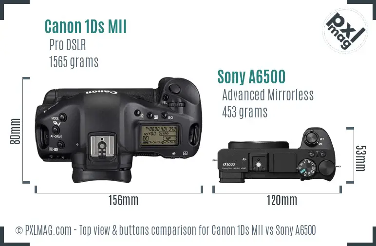 Canon 1Ds MII vs Sony A6500 top view buttons comparison