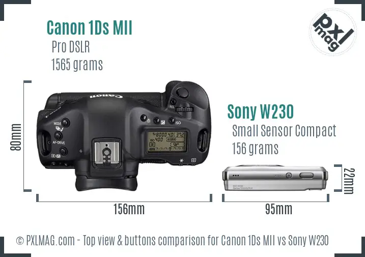 Canon 1Ds MII vs Sony W230 top view buttons comparison Canon 1Ds MII vs Sony W230 top view buttons comparison