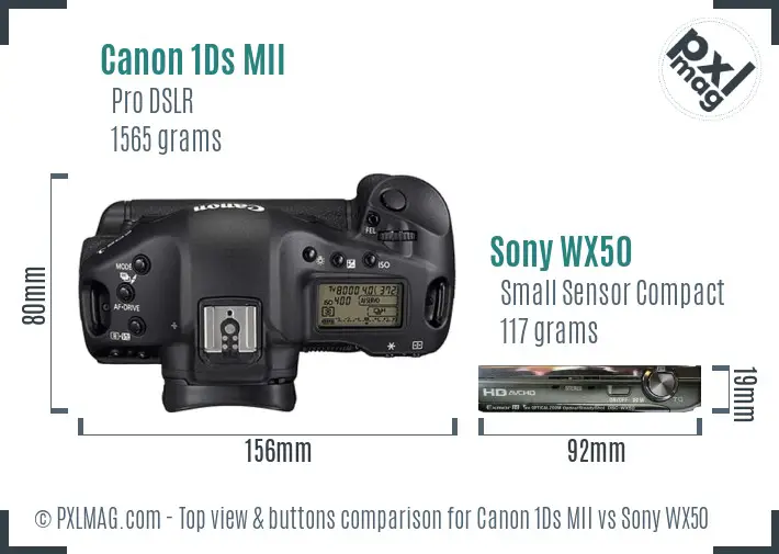 Canon 1Ds MII vs Sony WX50 top view buttons comparison