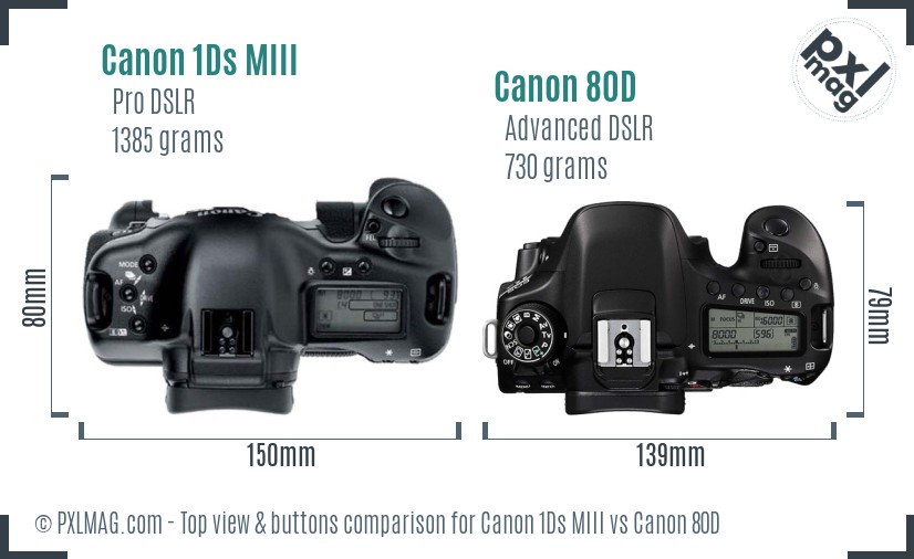 Canon 1Ds MIII vs Canon 80D top view buttons comparison