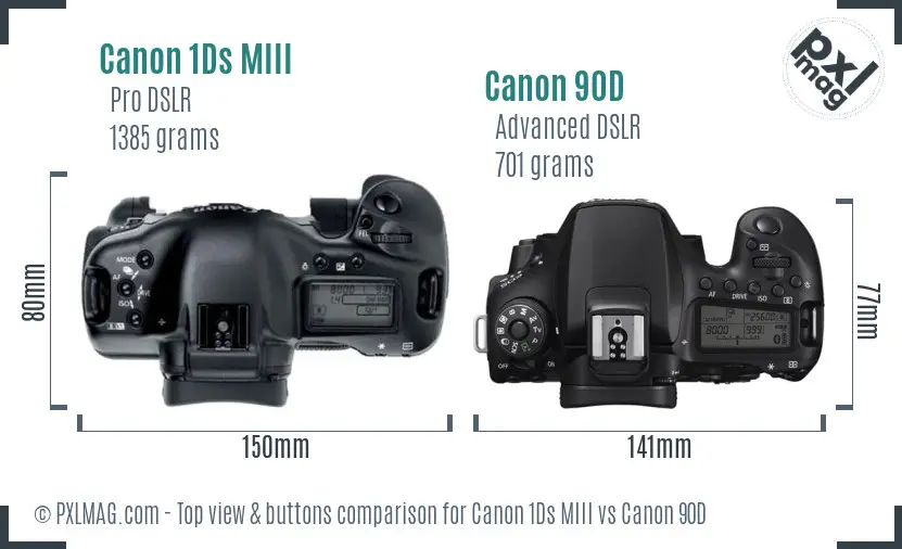 Canon 1Ds MIII vs Canon 90D top view buttons comparison Canon 1Ds MIII vs Canon 90D top view buttons comparison