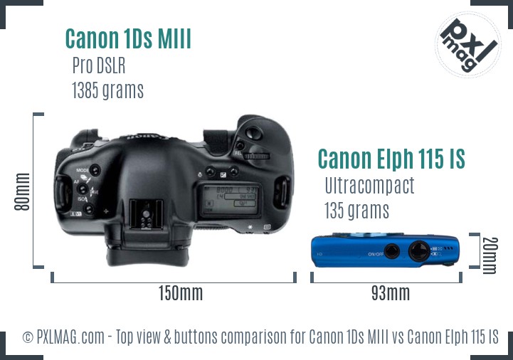Canon 1Ds MIII vs Canon Elph 115 IS top view buttons comparison