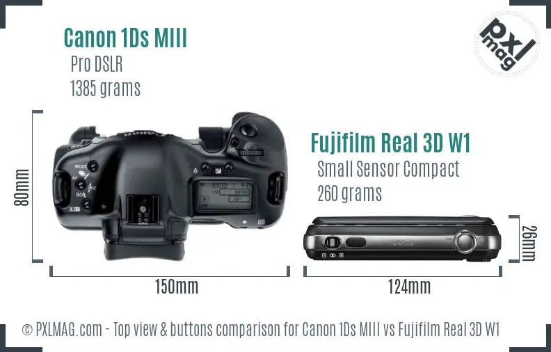Canon 1Ds MIII vs Fujifilm Real 3D W1 top view buttons comparison