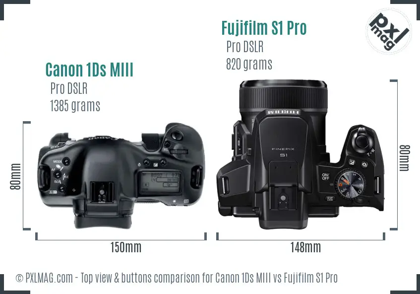 Canon 1Ds MIII vs Fujifilm S1 Pro top view buttons comparison