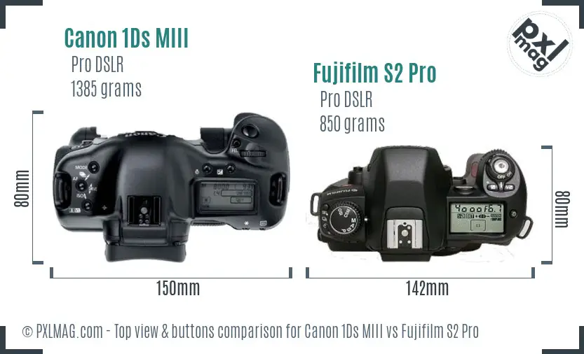Canon 1Ds MIII vs Fujifilm S2 Pro top view buttons comparison