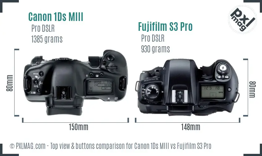 Canon 1Ds MIII vs Fujifilm S3 Pro top view buttons comparison