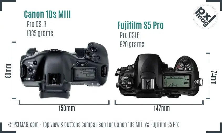 Canon 1Ds MIII vs Fujifilm S5 Pro top view buttons comparison