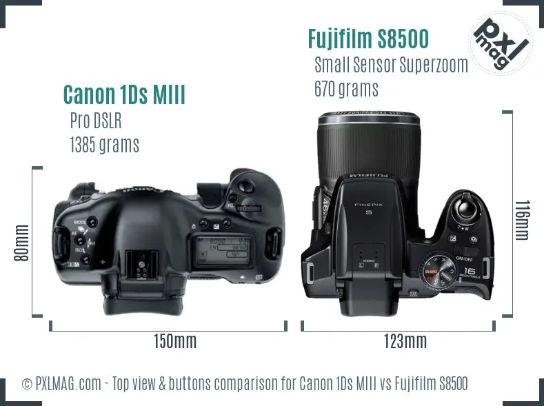 Canon 1Ds MIII vs Fujifilm S8500 top view buttons comparison