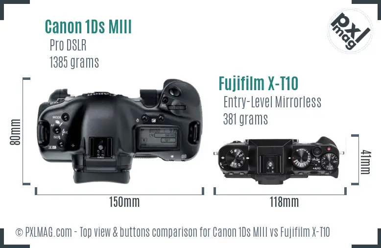 Canon 1Ds MIII vs Fujifilm X-T10 top view buttons comparison