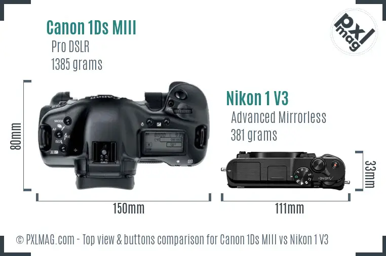 Canon 1Ds MIII vs Nikon 1 V3 top view buttons comparison