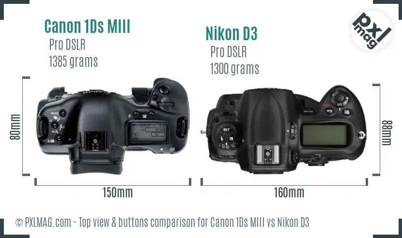 Canon 1Ds MIII vs Nikon D3 top view buttons comparison