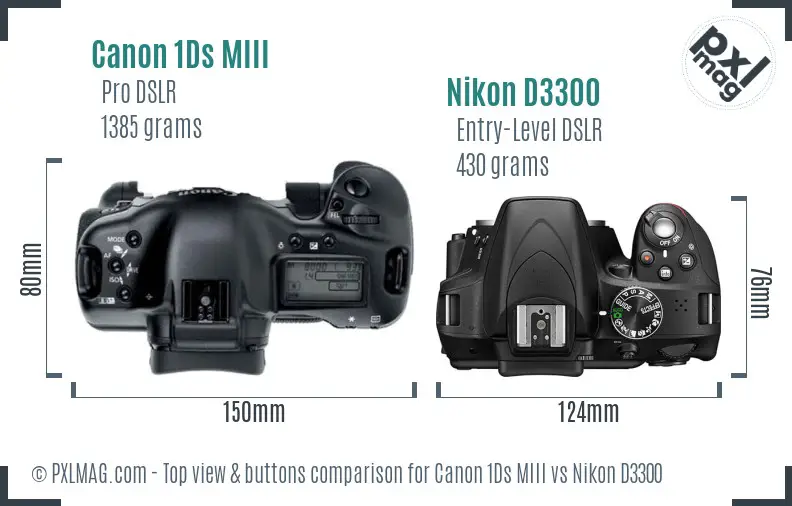 Canon 1Ds MIII vs Nikon D3300 top view buttons comparison Canon 1Ds MIII vs Nikon D3300 top view buttons comparison