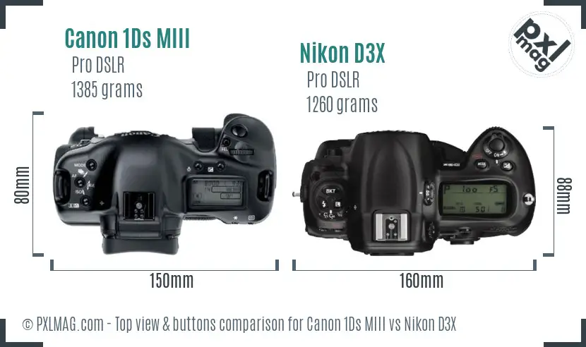 Canon 1Ds MIII vs Nikon D3X top view buttons comparison