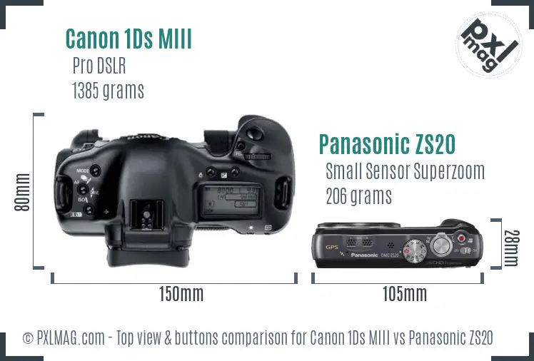 Canon 1Ds MIII vs Panasonic ZS20 top view buttons comparison