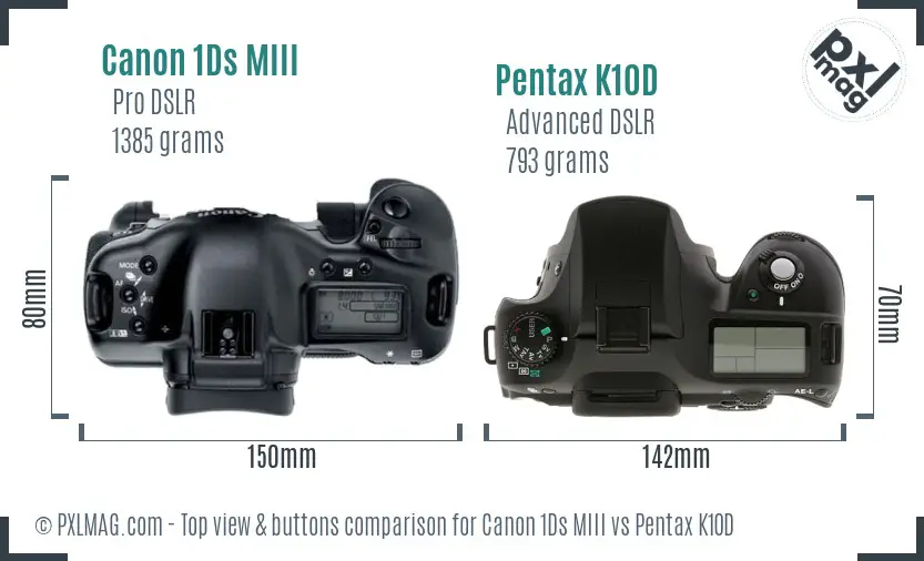 Canon 1Ds MIII vs Pentax K10D top view buttons comparison