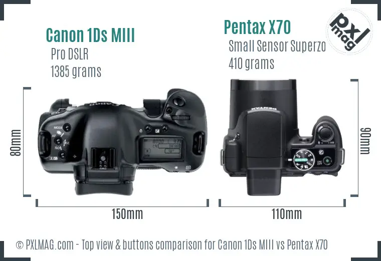 Canon 1Ds MIII vs Pentax X70 top view buttons comparison
