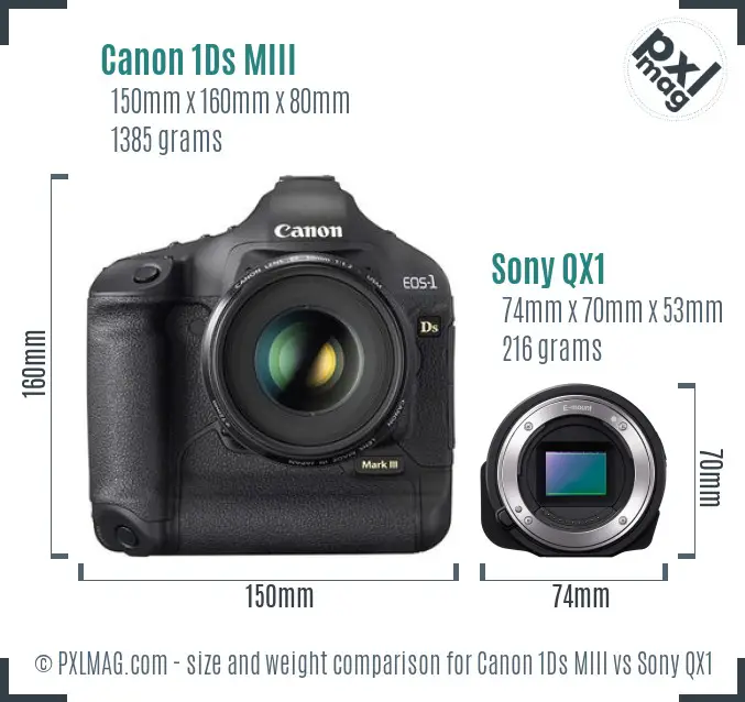 Canon 1Ds MIII vs Sony QX1 size comparison