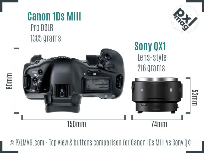 Canon 1Ds MIII vs Sony QX1 top view buttons comparison