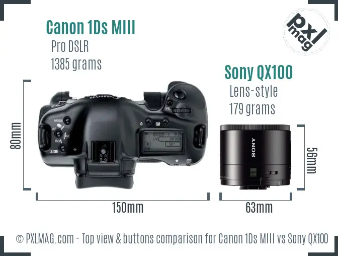 Canon 1Ds MIII vs Sony QX100 top view buttons comparison