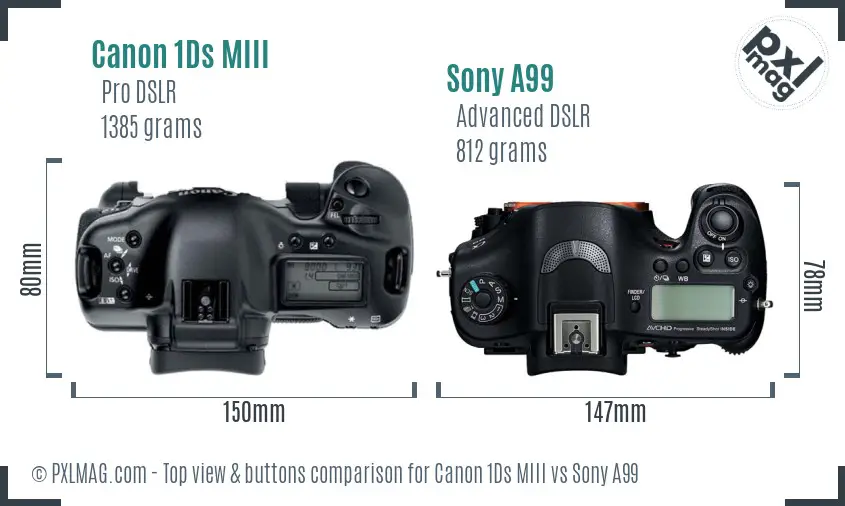 Canon 1Ds MIII vs Sony A99 top view buttons comparison