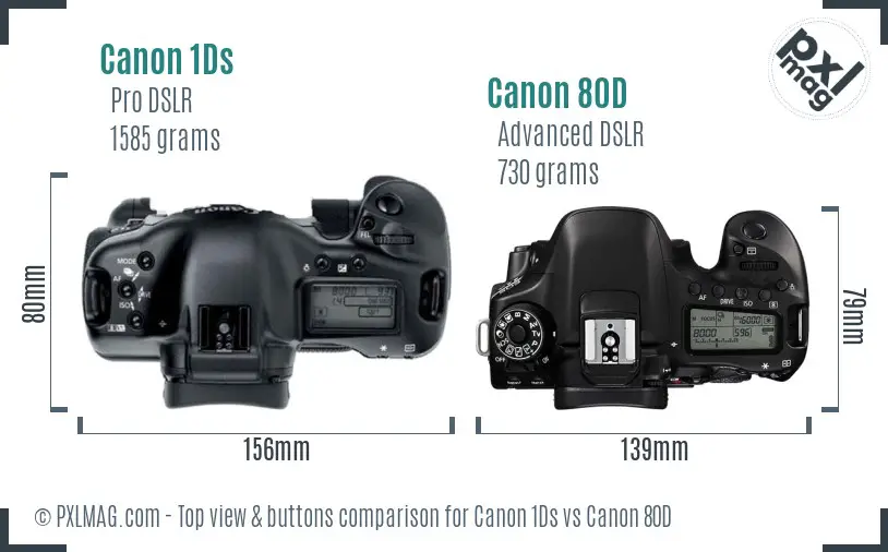 Canon 1Ds vs Canon 80D top view buttons comparison Canon 1Ds vs Canon 80D top view buttons comparison