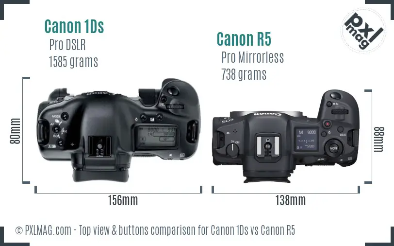 Canon 1Ds vs Canon R5 top view buttons comparison Canon 1Ds vs Canon R5 top view buttons comparison