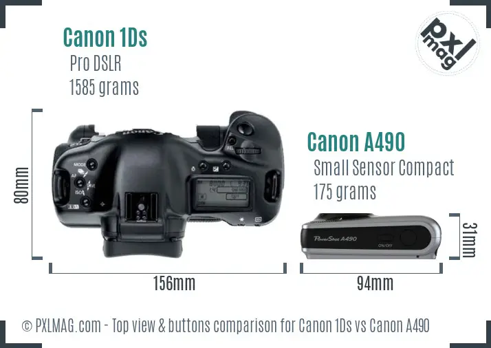 Canon 1Ds vs Canon A490 top view buttons comparison