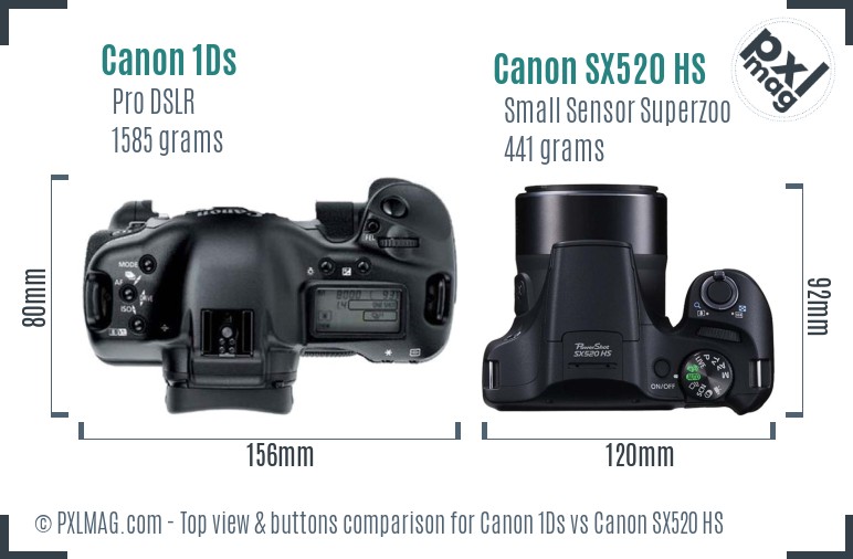 Canon 1Ds vs Canon SX520 HS top view buttons comparison