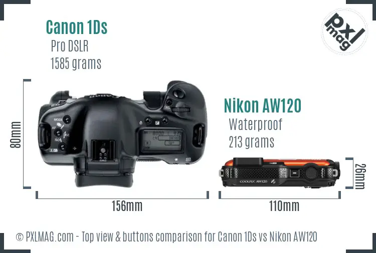 Canon 1Ds vs Nikon AW120 top view buttons comparison