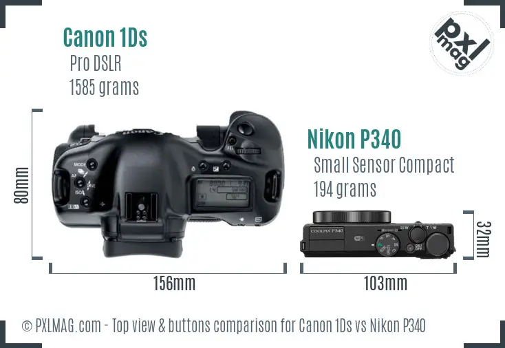 Canon 1Ds vs Nikon P340 top view buttons comparison