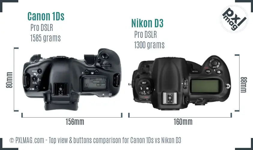 Canon 1Ds vs Nikon D3 top view buttons comparison