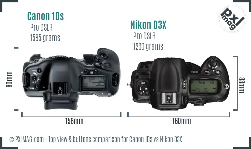 Canon 1Ds vs Nikon D3X top view buttons comparison