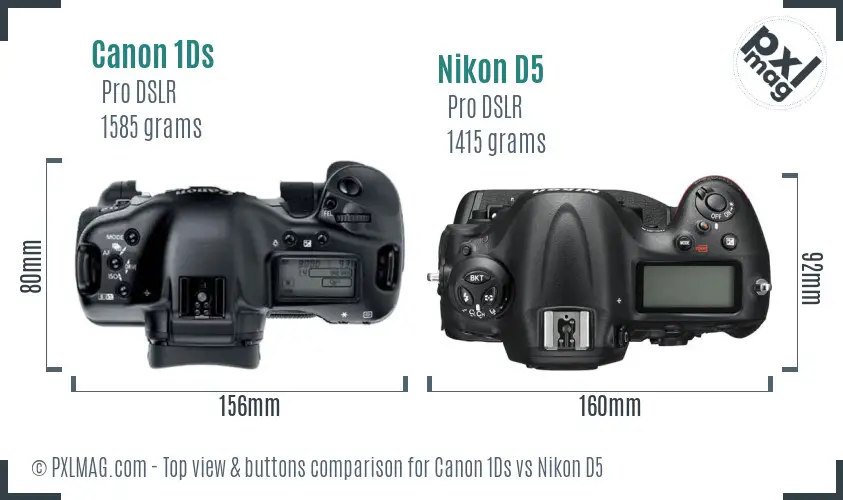 Canon 1Ds vs Nikon D5 top view buttons comparison