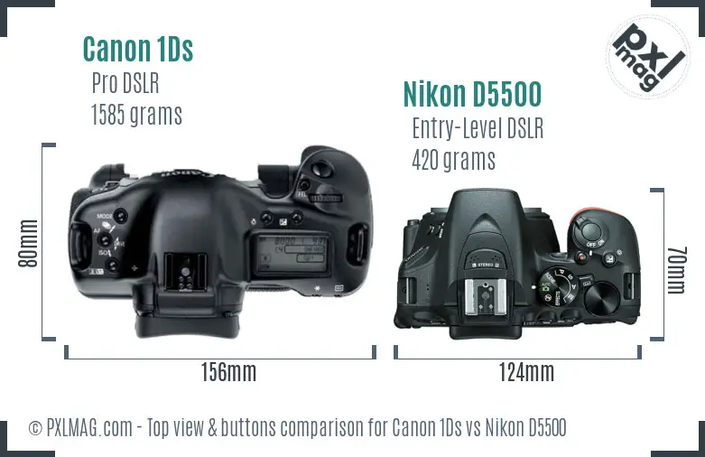 Canon 1Ds vs Nikon D5500 top view buttons comparison