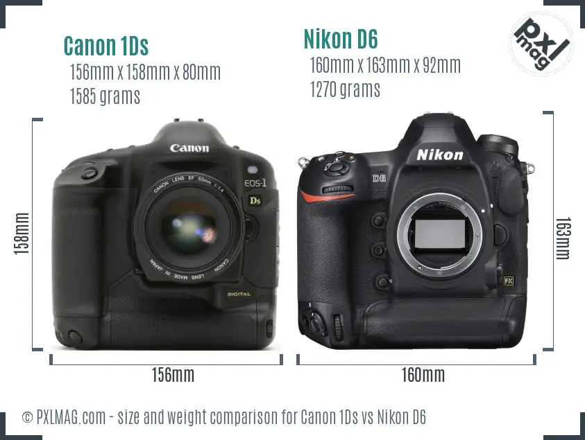 Canon 1Ds vs Nikon D6 size comparison