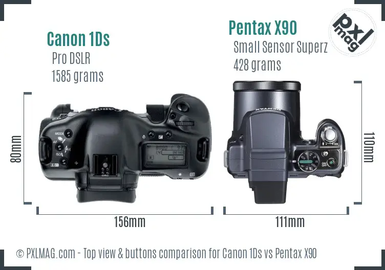 Canon 1Ds vs Pentax X90 top view buttons comparison