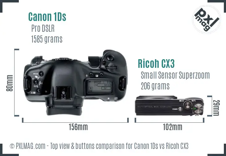 Canon 1Ds vs Ricoh CX3 top view buttons comparison
