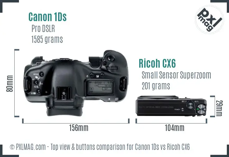 Canon 1Ds vs Ricoh CX6 top view buttons comparison