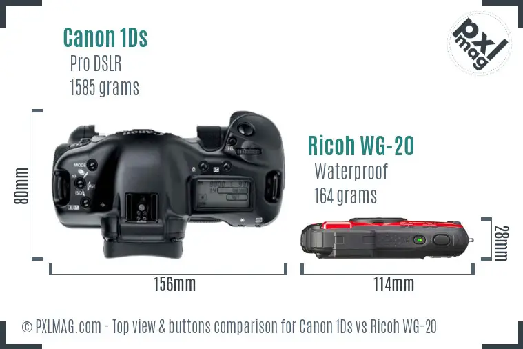 Canon 1Ds vs Ricoh WG-20 top view buttons comparison