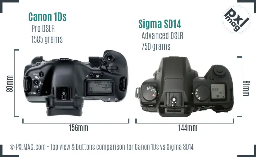 Canon 1Ds vs Sigma SD14 top view buttons comparison