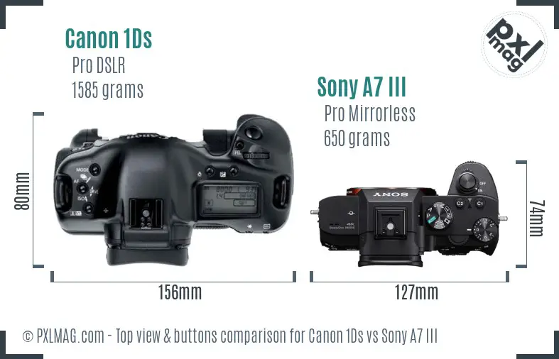 Canon 1Ds vs Sony A7 III top view buttons comparison