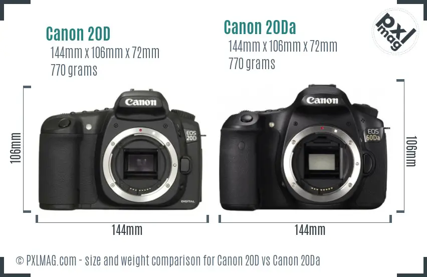 Canon 20D vs Canon 20Da size comparison