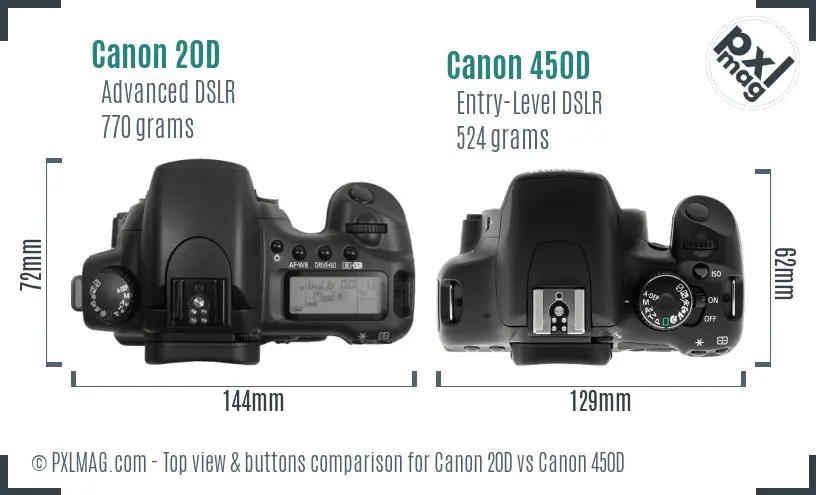Canon 20D vs Canon 450D top view buttons comparison Canon 20D vs Canon 450D top view buttons comparison