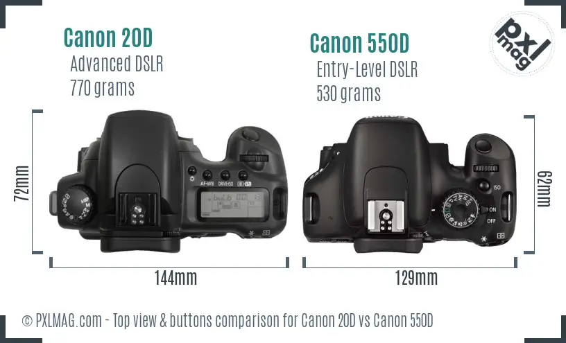 Canon 20D vs Canon 550D top view buttons comparison Canon 20D vs Canon 550D top view buttons comparison