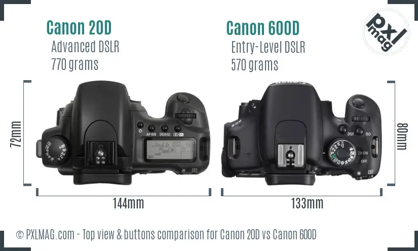 Canon 20D vs Canon 600D top view buttons comparison Canon 20D vs Canon 600D top view buttons comparison