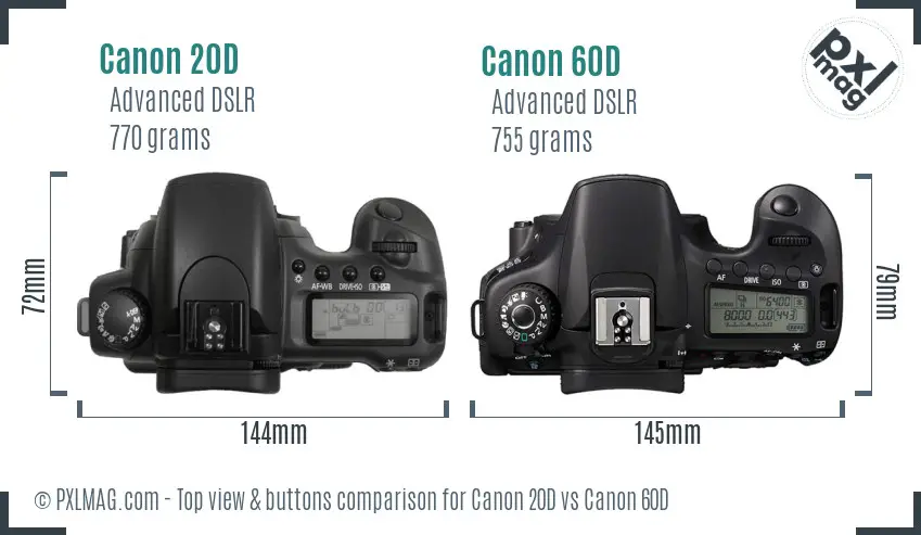 Canon 20D vs Canon 60D top view buttons comparison