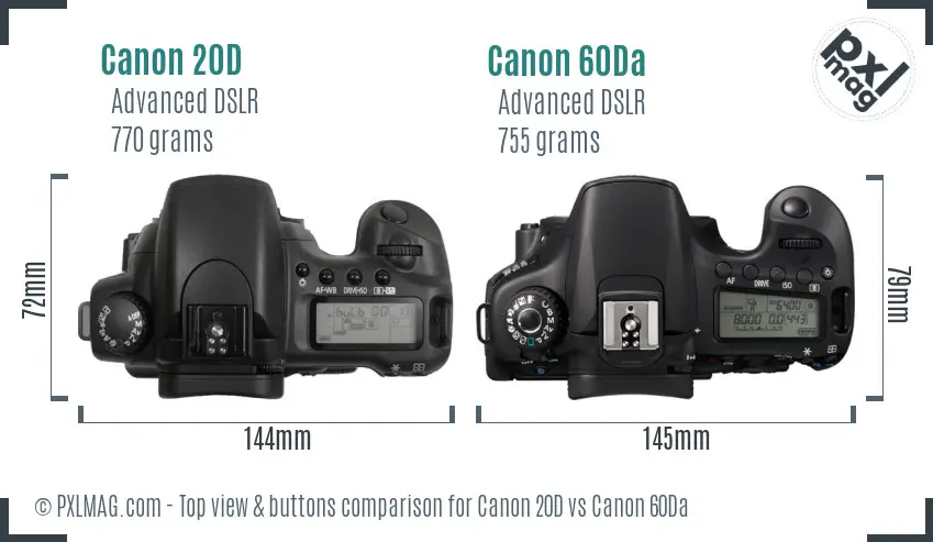 Canon 20D vs Canon 60Da top view buttons comparison